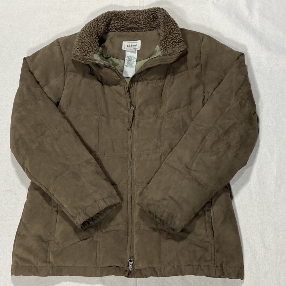 LL Bean Women M Zip Faux Suede Quilted Goose Down Coat Brown Sherpa Collar